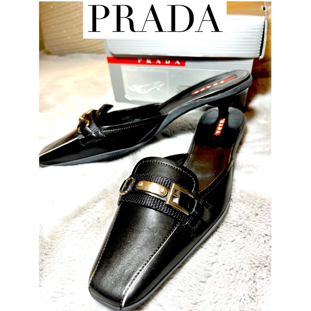 NEW! PRADA black leather mules, clogs, loafer kitten heels. Size 37